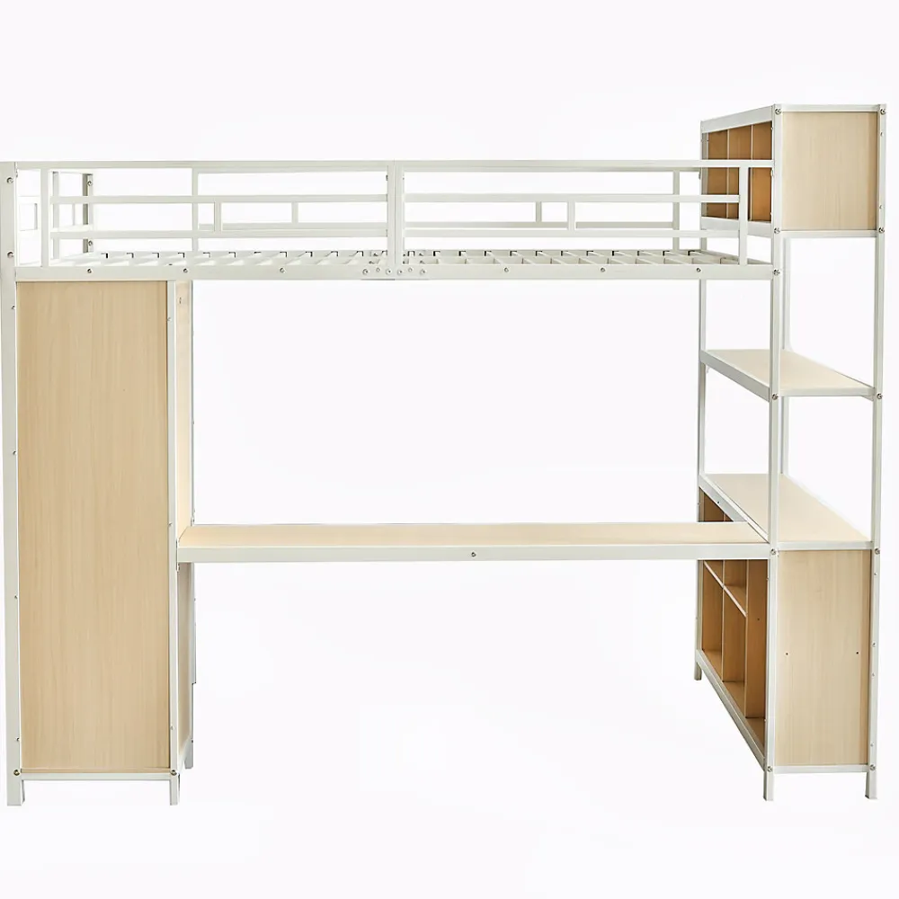 Lit Mezzanine 140x200 cm en Métal - Lit Double avec Bureau, Penderie et Rangements - Sans Matelas - Blanc>Okwish Clearance