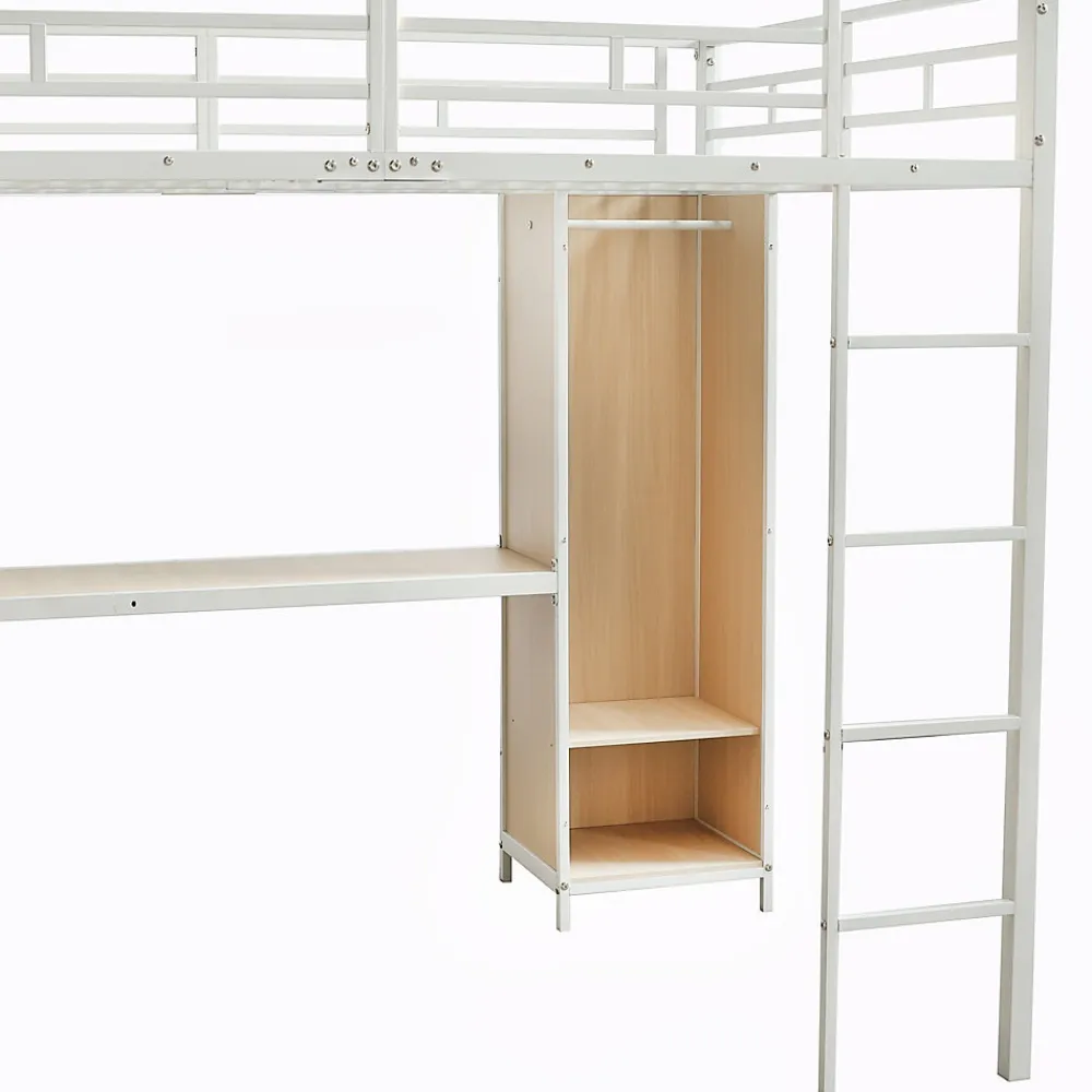 Lit Mezzanine 140x200 cm en Métal - Lit Double avec Bureau, Penderie et Rangements - Sans Matelas - Blanc>Okwish Clearance