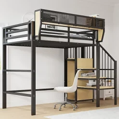 Aapaas Lit mezzanine 90x200 cm en métal noir avec échelle sécurisée et espace de rangement modulable*Enfant Lit Enfant