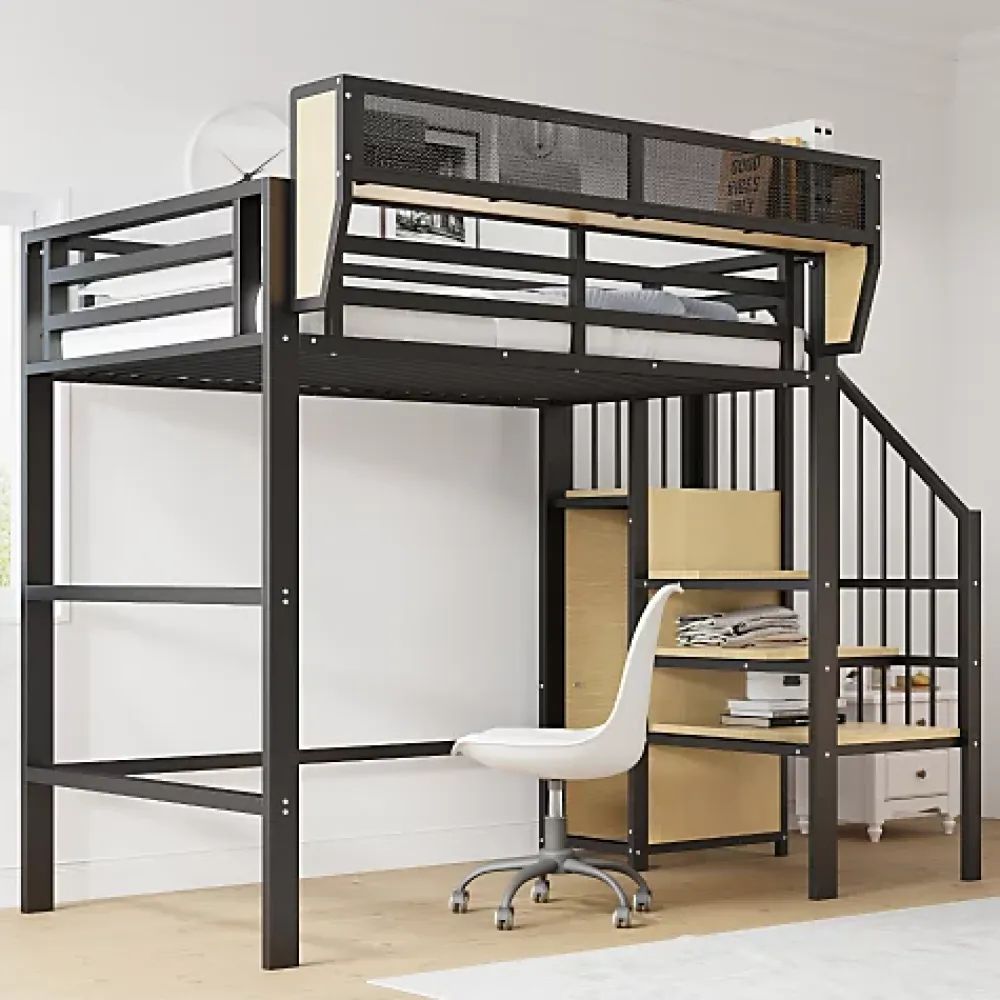Aapaas Lit mezzanine 90x200 cm en métal noir avec échelle sécurisée et espace de rangement modulable*Enfant Lit Enfant