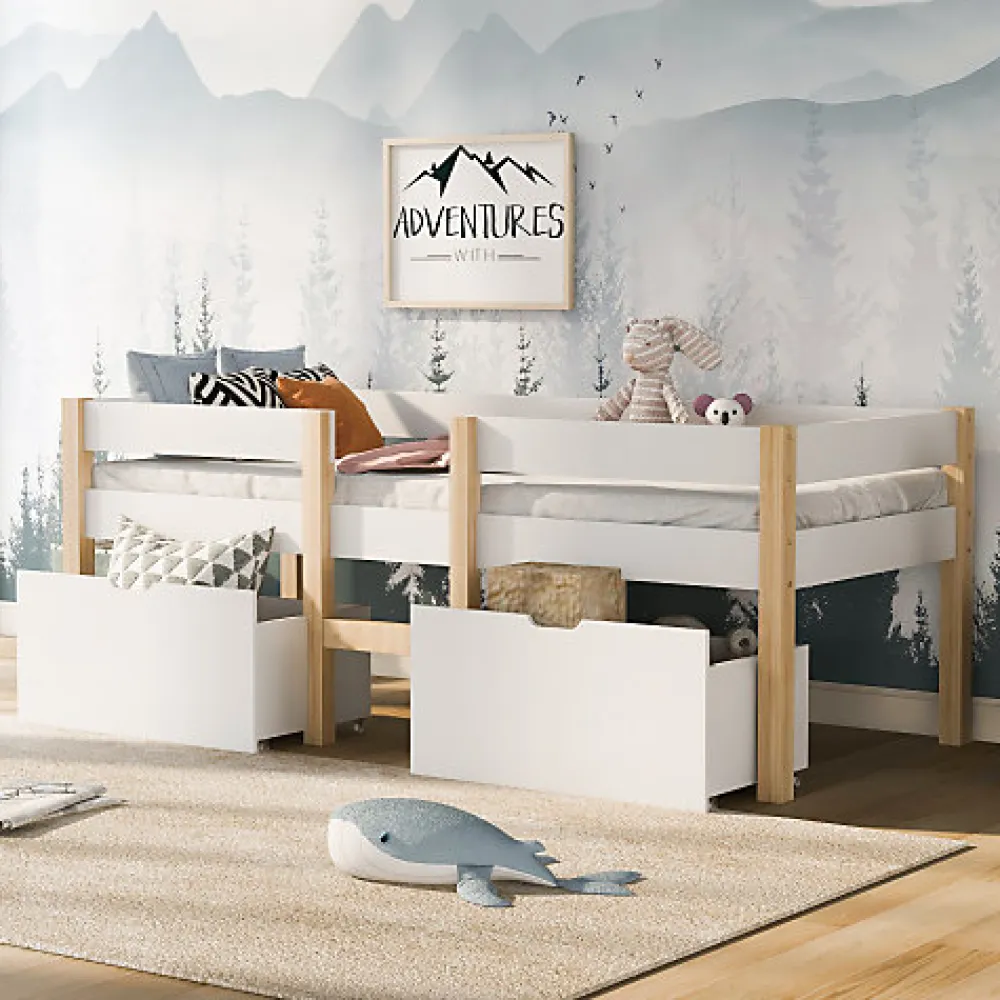 Lit mezzanine 90x190 cm en pin massif avec tiroirs - Blanc (sans matelas)>ModernLuxe Discount