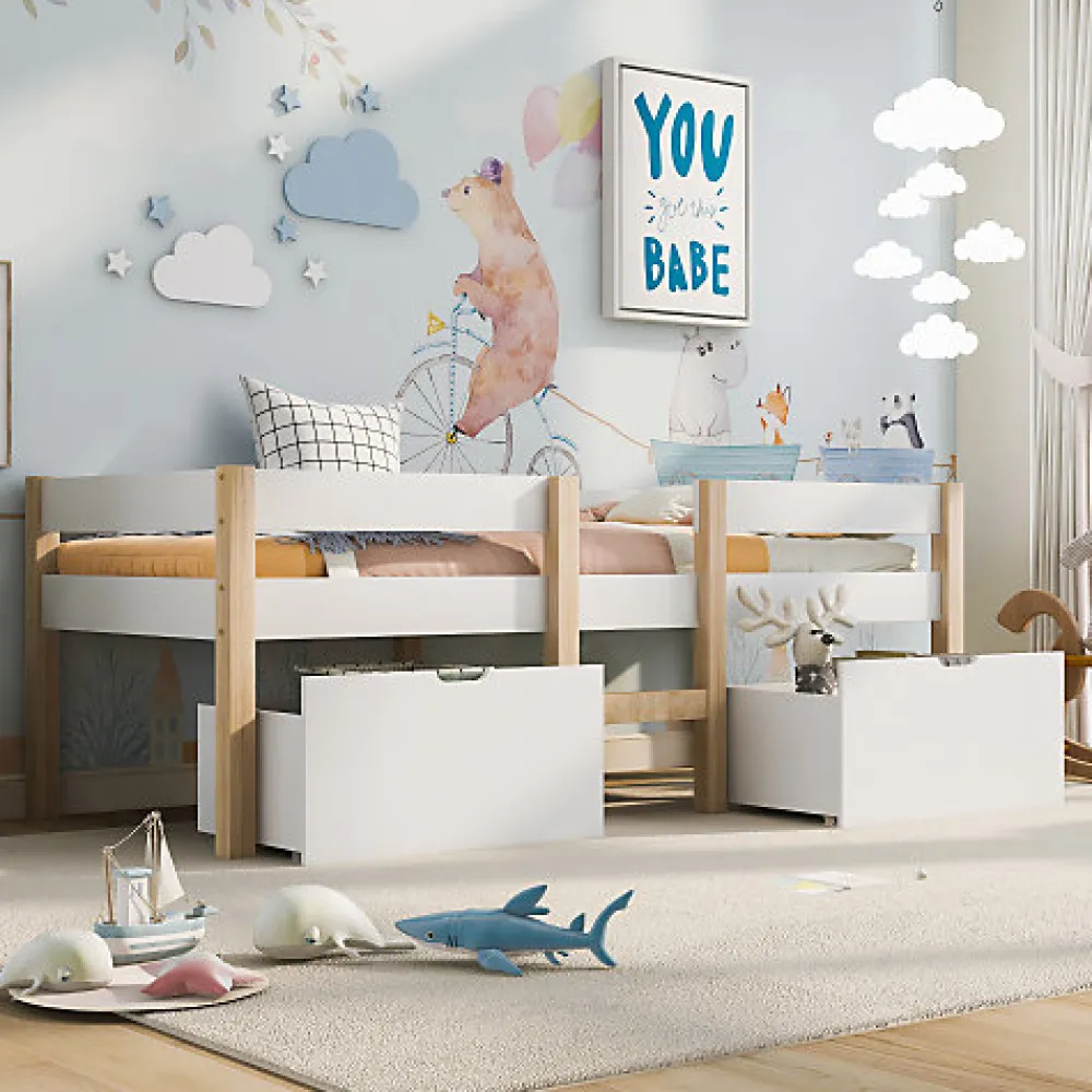 Lit mezzanine 90x190 cm en pin massif avec tiroirs - Blanc (sans matelas)>ModernLuxe Discount