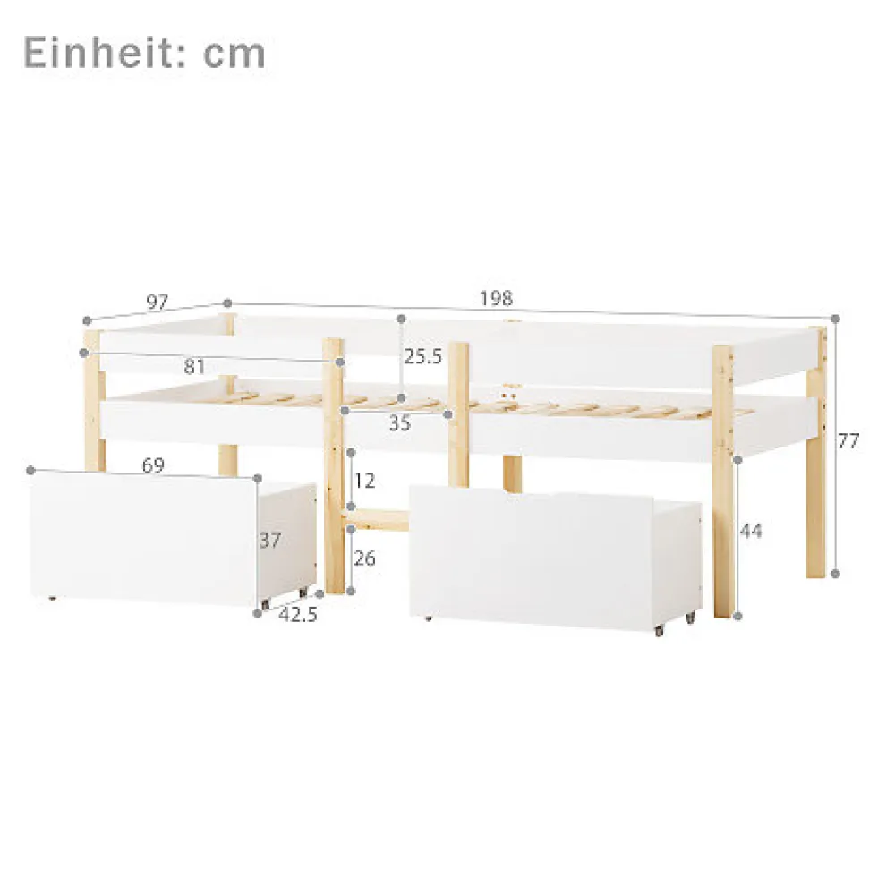 Lit mezzanine 90x190 cm en pin massif avec tiroirs - Blanc (sans matelas)>ModernLuxe Discount