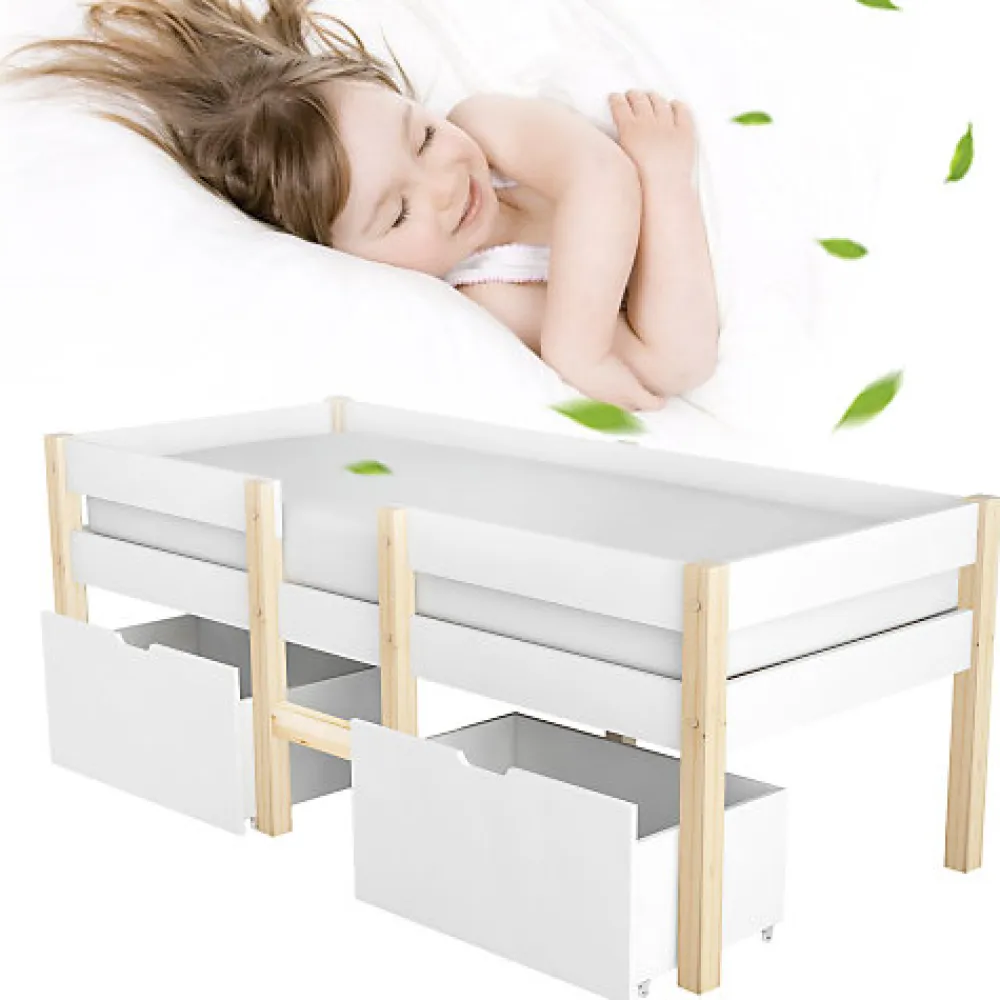 Lit mezzanine 90x190 cm en pin massif avec tiroirs - Blanc (sans matelas)>ModernLuxe Discount
