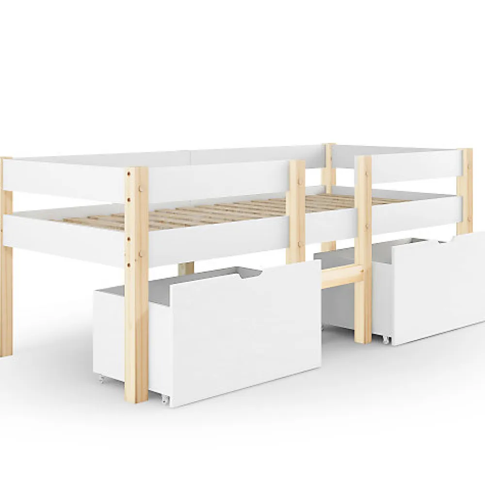 Lit mezzanine 90x190 cm en pin massif avec tiroirs - Blanc (sans matelas)>ModernLuxe Discount