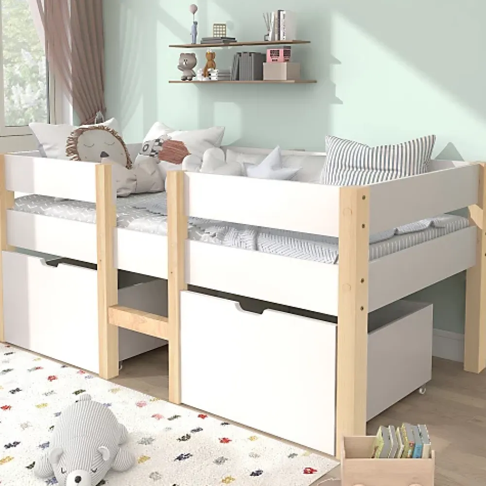 ModernLuxe Lit mezzanine 90x200 cm en pin massif avec tiroirs - Blanc (sans matelas)* Lit Mezzanine