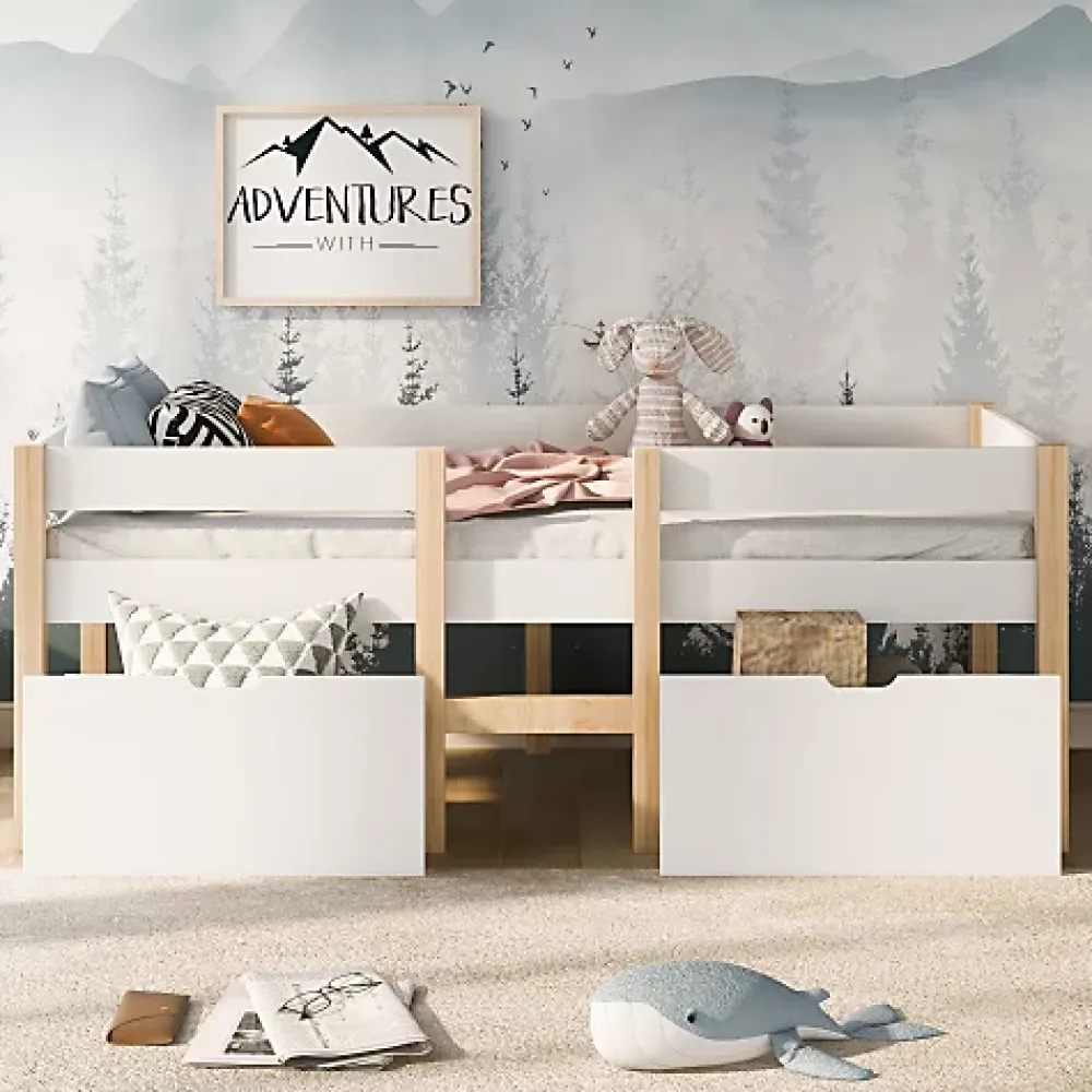 ModernLuxe Lit mezzanine 90x200 cm en pin massif avec tiroirs - Blanc (sans matelas)* Lit Mezzanine