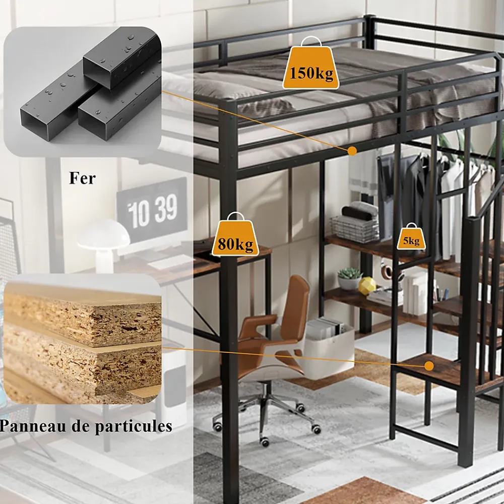 Okwish Lit Mezzanine 120x200 cm enfant, Bureau, Étagères et Rangement, Métal et Bois Vintage, Noir et Bois Vintage, Sans Matelas* Lit Mezzanine