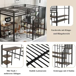 Okwish Lit Mezzanine 120x200 cm enfant, Bureau, Étagères et Rangement, Métal et Bois Vintage, Noir et Bois Vintage, Sans Matelas* Lit Mezzanine