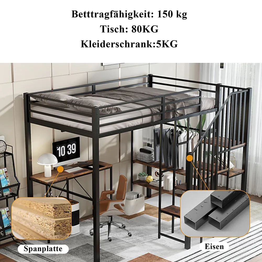 Okwish Lit Mezzanine 120x200 cm enfant, Bureau, Étagères et Rangement, Métal et Bois Vintage, Noir et Bois Vintage, Sans Matelas* Lit Mezzanine