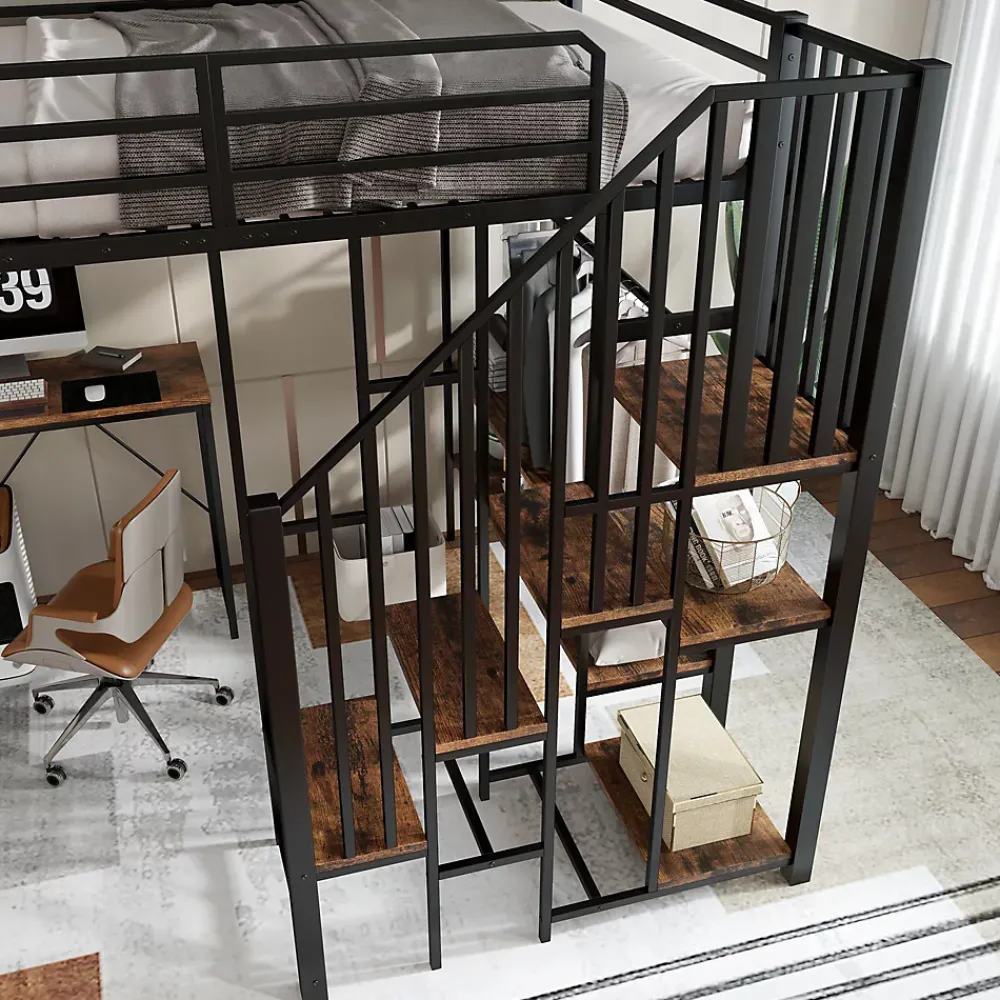 Okwish Lit Mezzanine 120x200 cm enfant, Bureau, Étagères et Rangement, Métal et Bois Vintage, Noir et Bois Vintage, Sans Matelas* Lit Mezzanine
