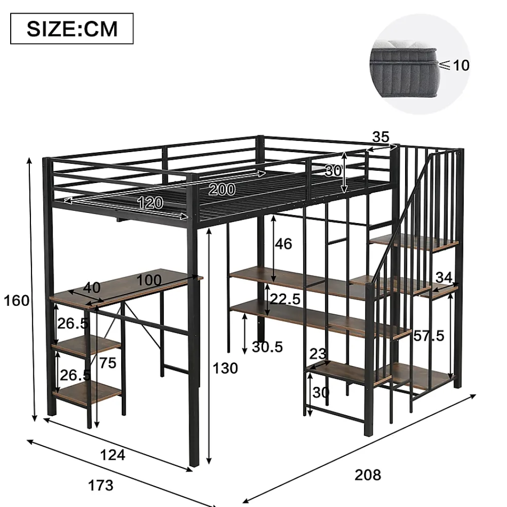 Okwish Lit Mezzanine 120x200 cm enfant, Bureau, Étagères et Rangement, Métal et Bois Vintage, Noir et Bois Vintage, Sans Matelas* Lit Mezzanine