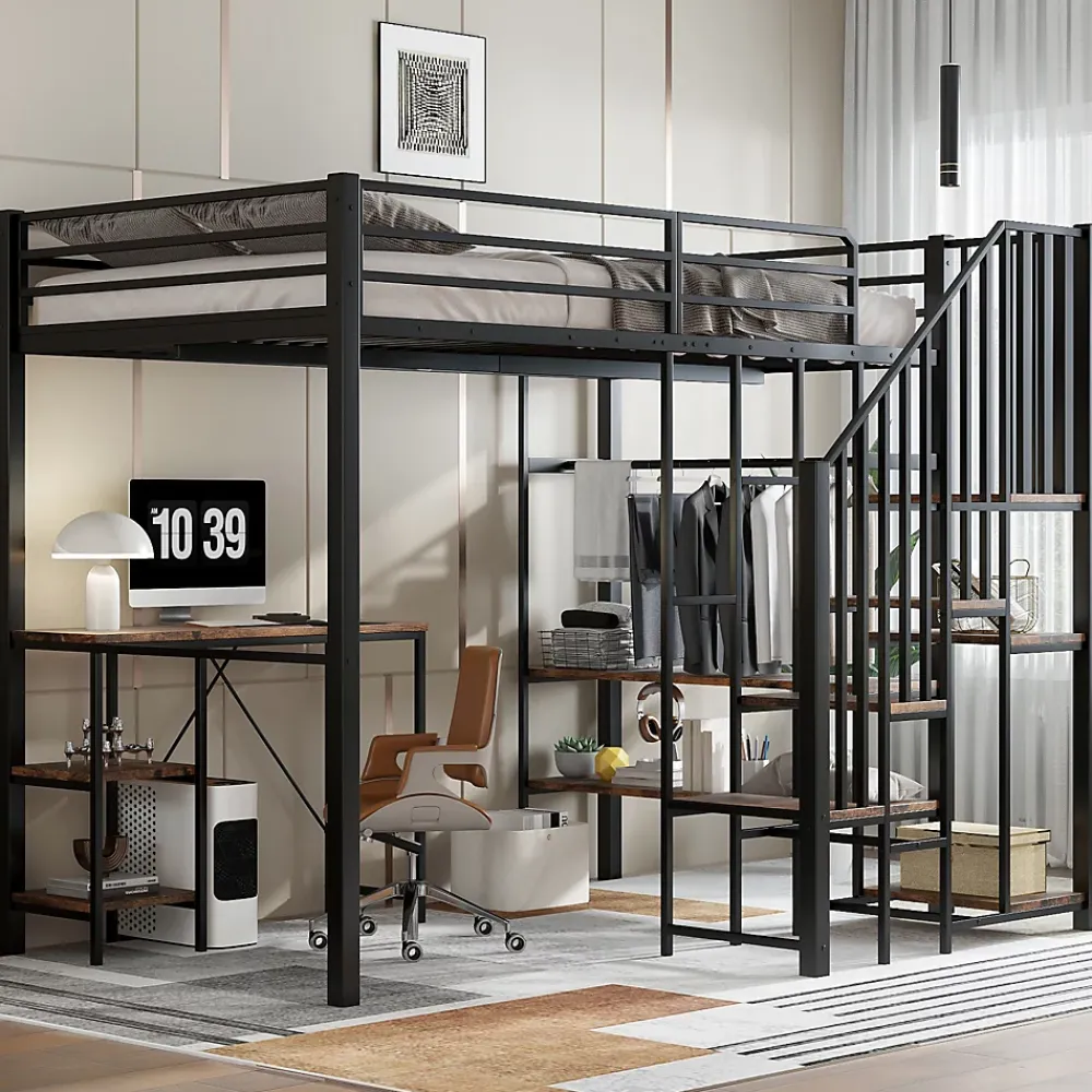 Okwish Lit Mezzanine 120x200 cm enfant, Bureau, Étagères et Rangement, Métal et Bois Vintage, Noir et Bois Vintage, Sans Matelas* Lit Mezzanine