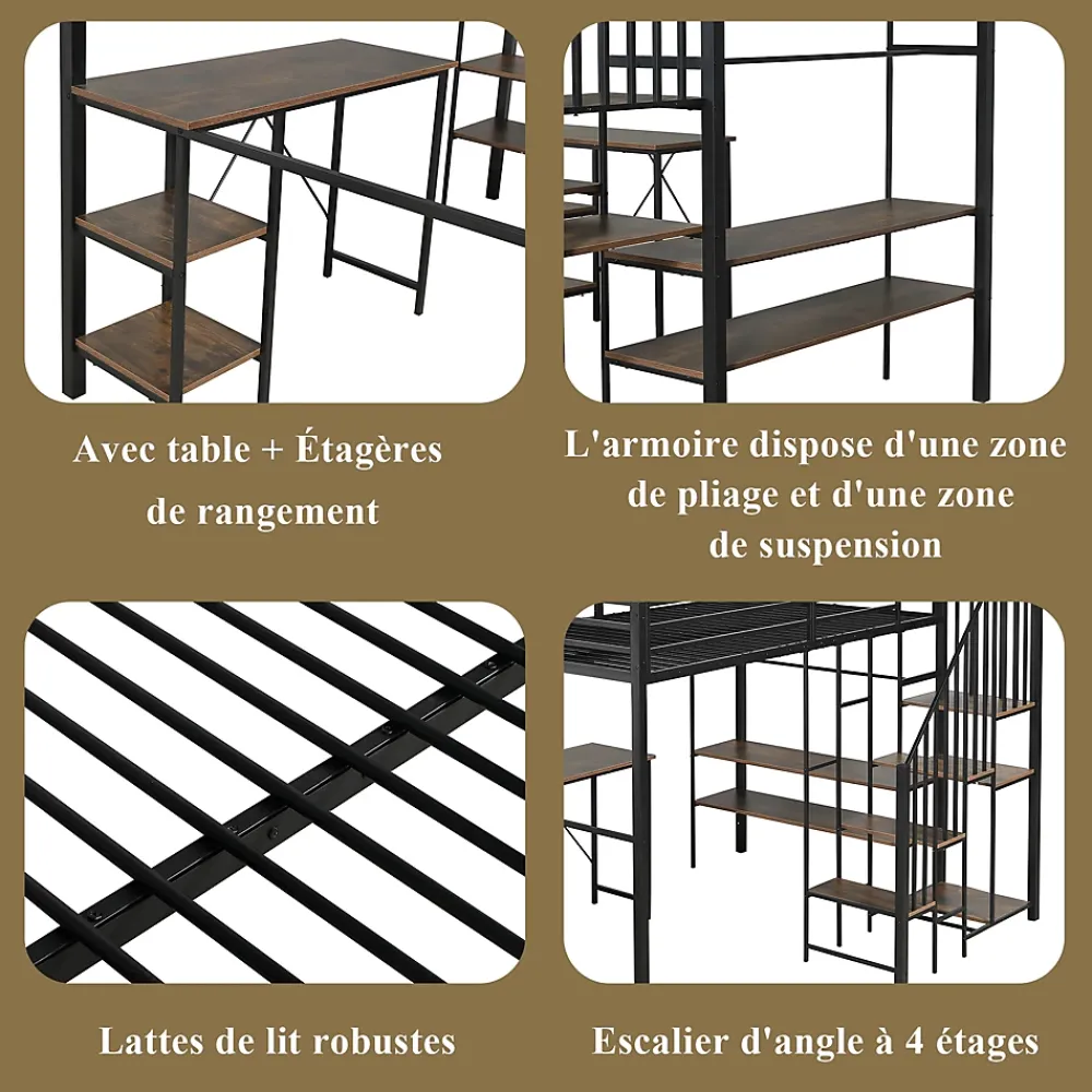 Okwish Lit Mezzanine 120x200 cm enfant, Bureau, Étagères et Rangement, Métal et Bois Vintage, Noir et Bois Vintage, Sans Matelas* Lit Mezzanine