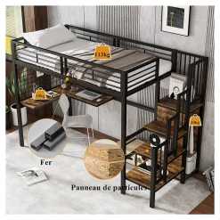 Lit mezzanine 90x200 cm enfant métal avec bureau et armoire intégrée, échelle sécurisée, blanc et naturel sans matelas>Okwish Online