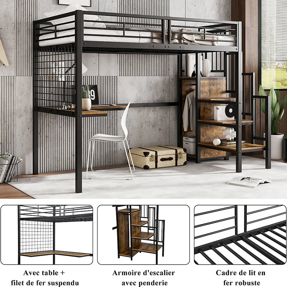 Lit mezzanine 90x200 cm enfant métal avec bureau et armoire intégrée, échelle sécurisée, blanc et naturel sans matelas>Okwish Online
