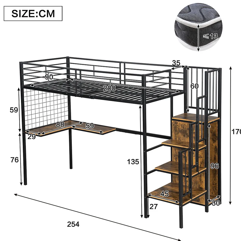 Lit mezzanine 90x200 cm enfant métal avec bureau et armoire intégrée, échelle sécurisée, blanc et naturel sans matelas>Okwish Online