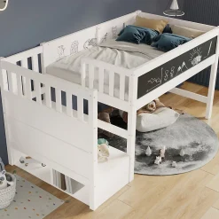 Okwish Lit Mezzanine 90x200 cm enfant, Bureau, Rangement, Tiroirs, Protection Anti-Chute, Tableau Blanc/Noir, Bois Blanc, Sans Matelas* Lit Mezzanine
