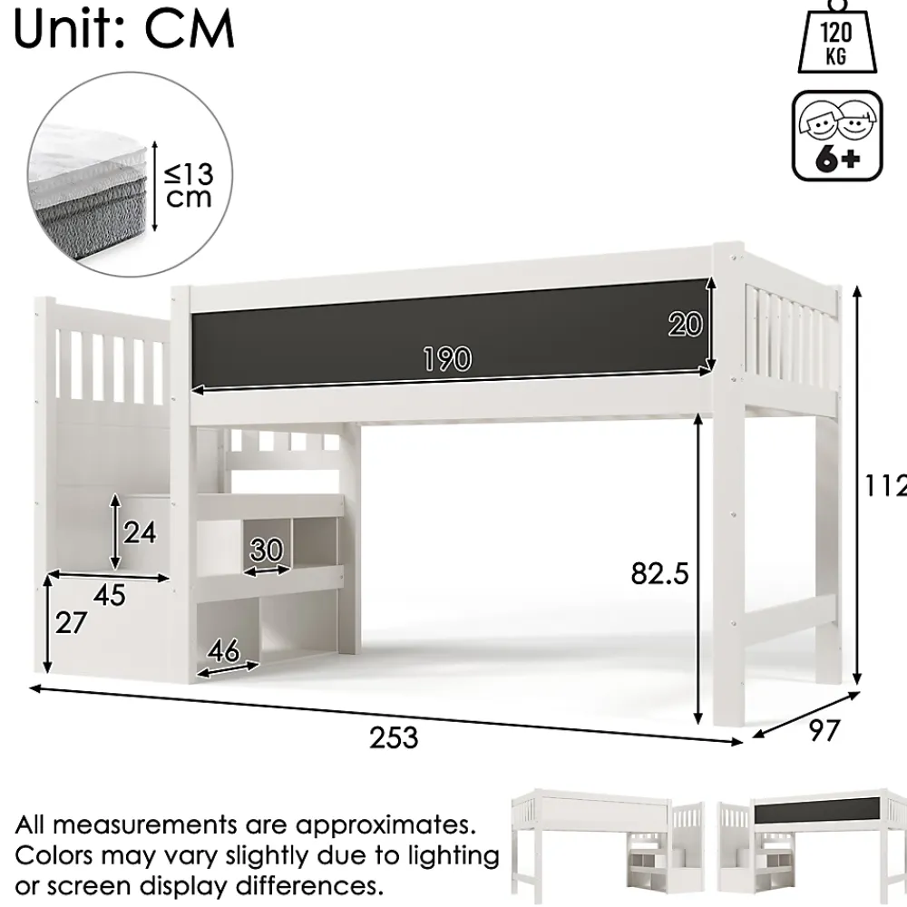 Okwish Lit Mezzanine 90x200 cm enfant, Bureau, Rangement, Tiroirs, Protection Anti-Chute, Tableau Blanc/Noir, Bois Blanc, Sans Matelas* Lit Mezzanine