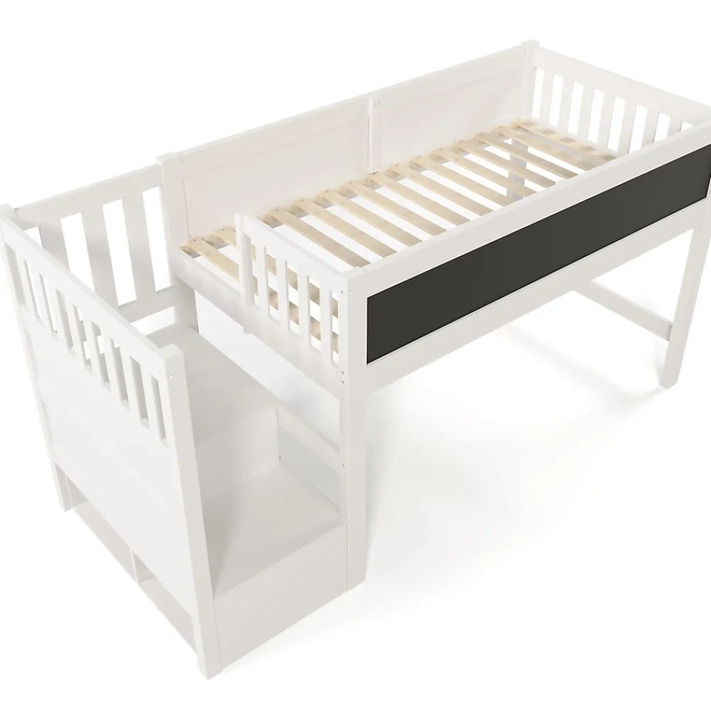 Okwish Lit Mezzanine 90x200 cm enfant, Bureau, Rangement, Tiroirs, Protection Anti-Chute, Tableau Blanc/Noir, Bois Blanc, Sans Matelas* Lit Mezzanine