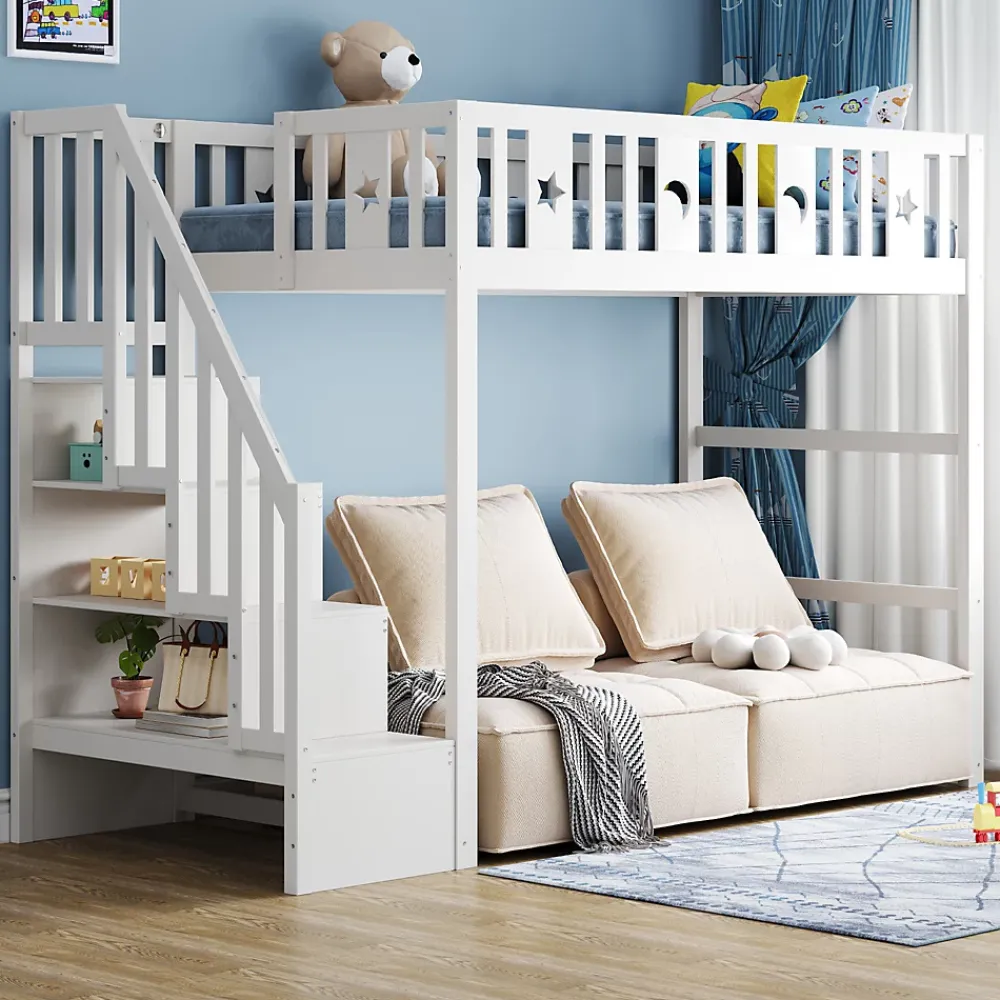 Okwish Lit mezzanine 90x200 cm enfant avec escalier intégré, barrières de sécurité, déco lune et étoiles, bois massif blanc sans matelas* Lit Mezzanine