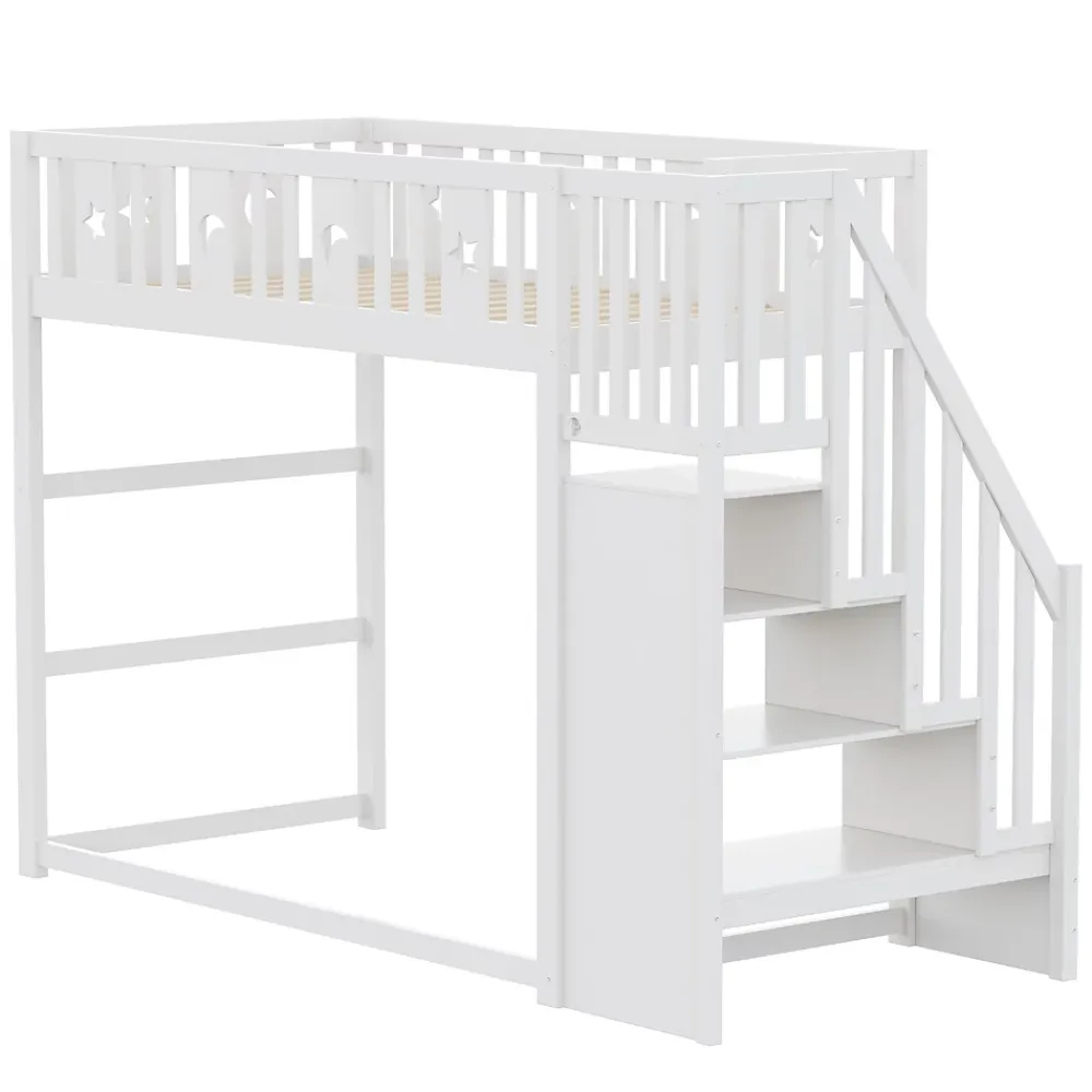 Okwish Lit mezzanine 90x200 cm enfant avec escalier intégré, barrières de sécurité, déco lune et étoiles, bois massif blanc sans matelas* Lit Mezzanine