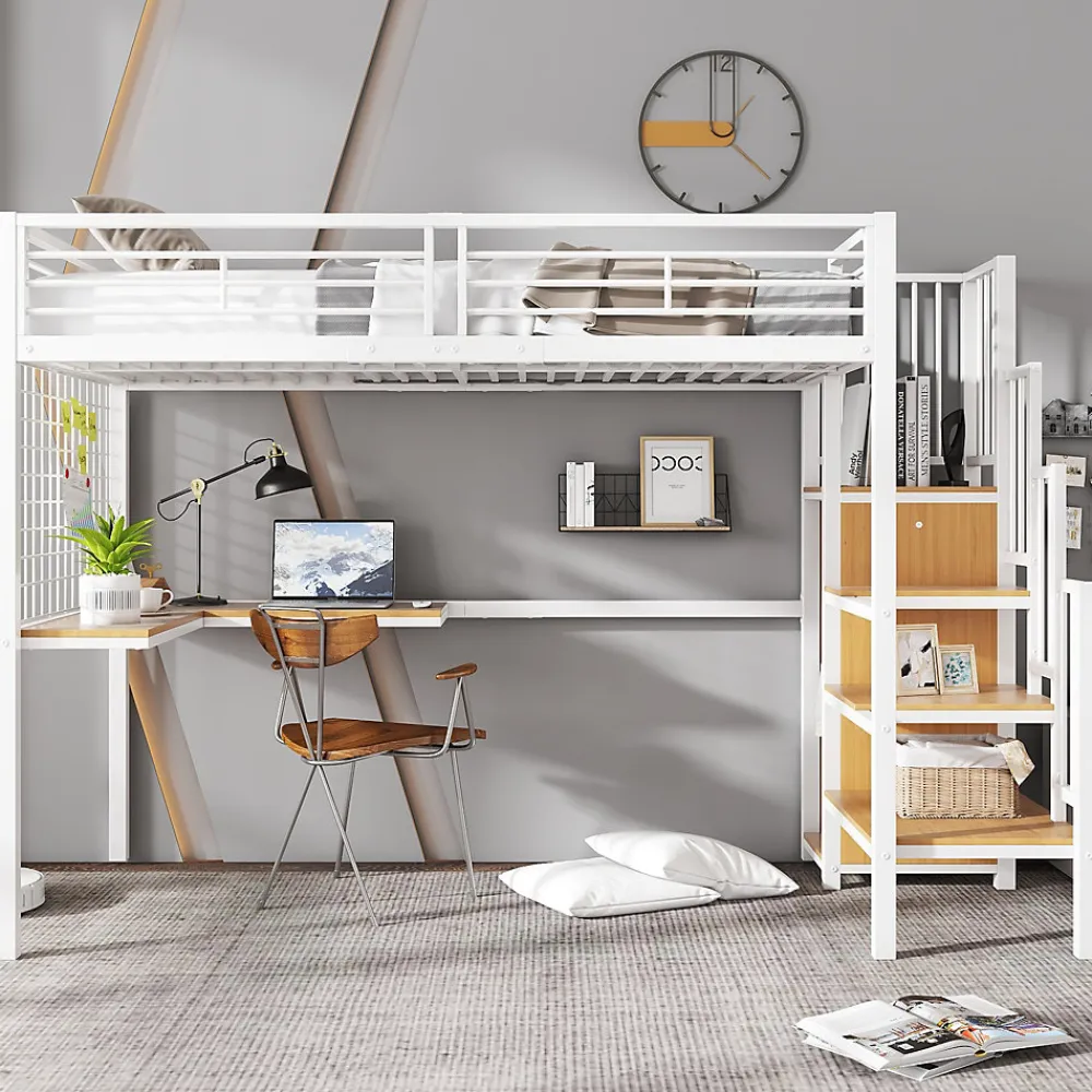 Lit mezzanine 90x200 cm enfant métal avec bureau et armoire intégrée, échelle sécurisée, blanc et naturel sans matelas>Okwish Sale