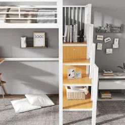 Lit mezzanine 90x200 cm enfant métal avec bureau et armoire intégrée, échelle sécurisée, blanc et naturel sans matelas><noscript><img width=