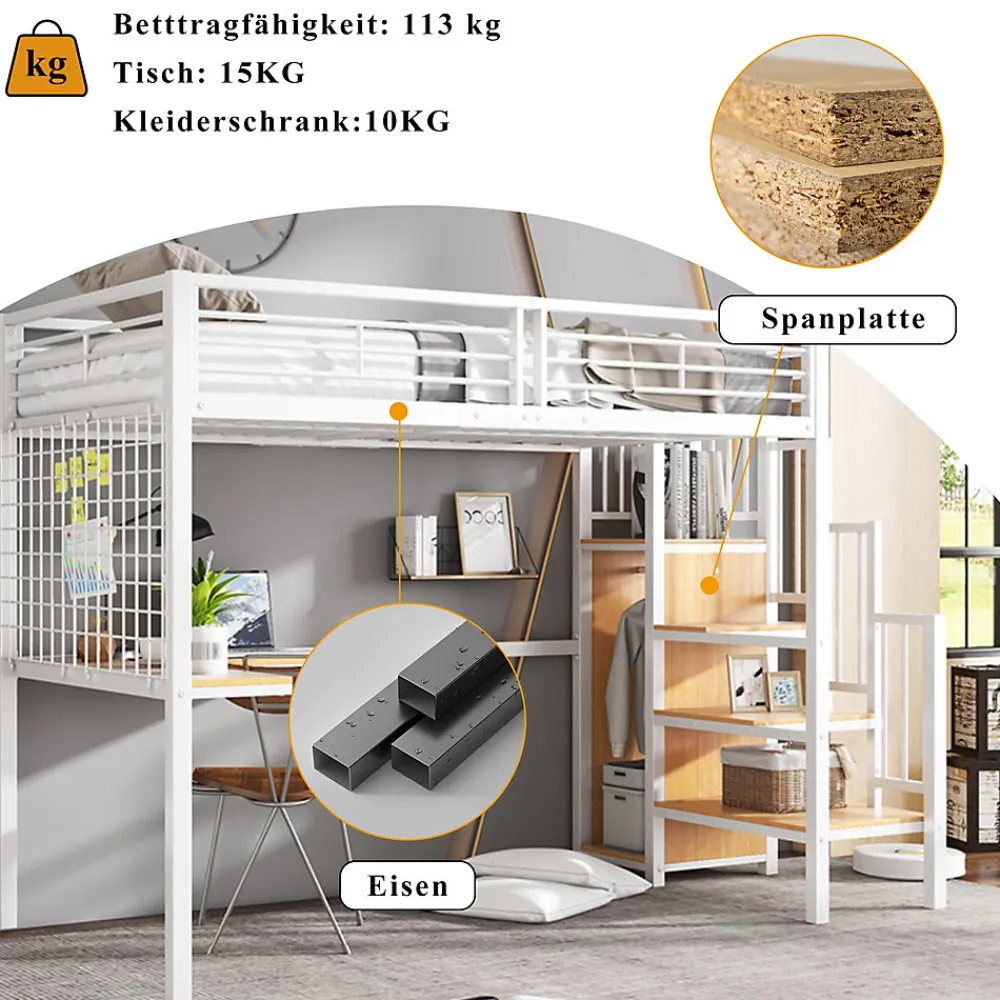 Lit mezzanine 90x200 cm enfant métal avec bureau et armoire intégrée, échelle sécurisée, blanc et naturel sans matelas>Okwish Sale