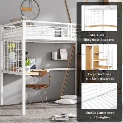 Lit mezzanine 90x200 cm enfant métal avec bureau et armoire intégrée, échelle sécurisée, blanc et naturel sans matelas><noscript><img width=