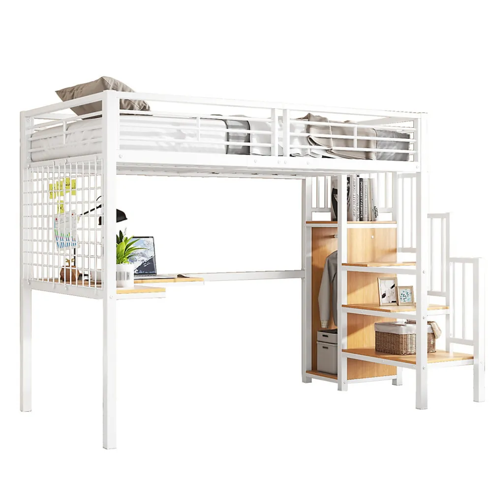 Lit mezzanine 90x200 cm enfant métal avec bureau et armoire intégrée, échelle sécurisée, blanc et naturel sans matelas>Okwish Sale