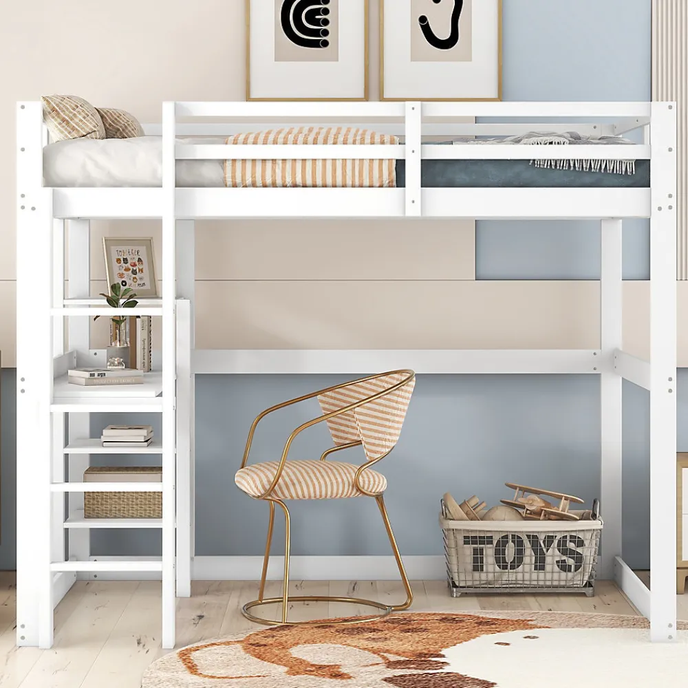 Lit mezzanine 140x200 cm enfant avec bureau et 4 compartiments de rangement, lit combiné bois naturel blanc sans matelas>Okwish Hot