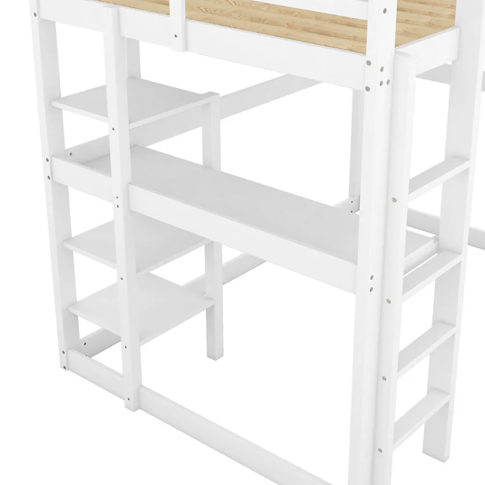 Lit mezzanine 140x200 cm enfant avec bureau et 4 compartiments de rangement, lit combiné bois naturel blanc sans matelas>Okwish Hot