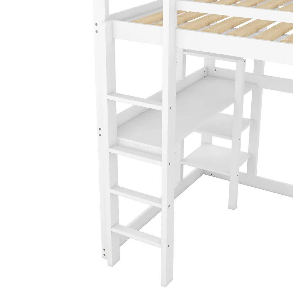 Lit mezzanine 140x200 cm enfant avec bureau et 4 compartiments de rangement, lit combiné bois naturel blanc sans matelas>Okwish Hot