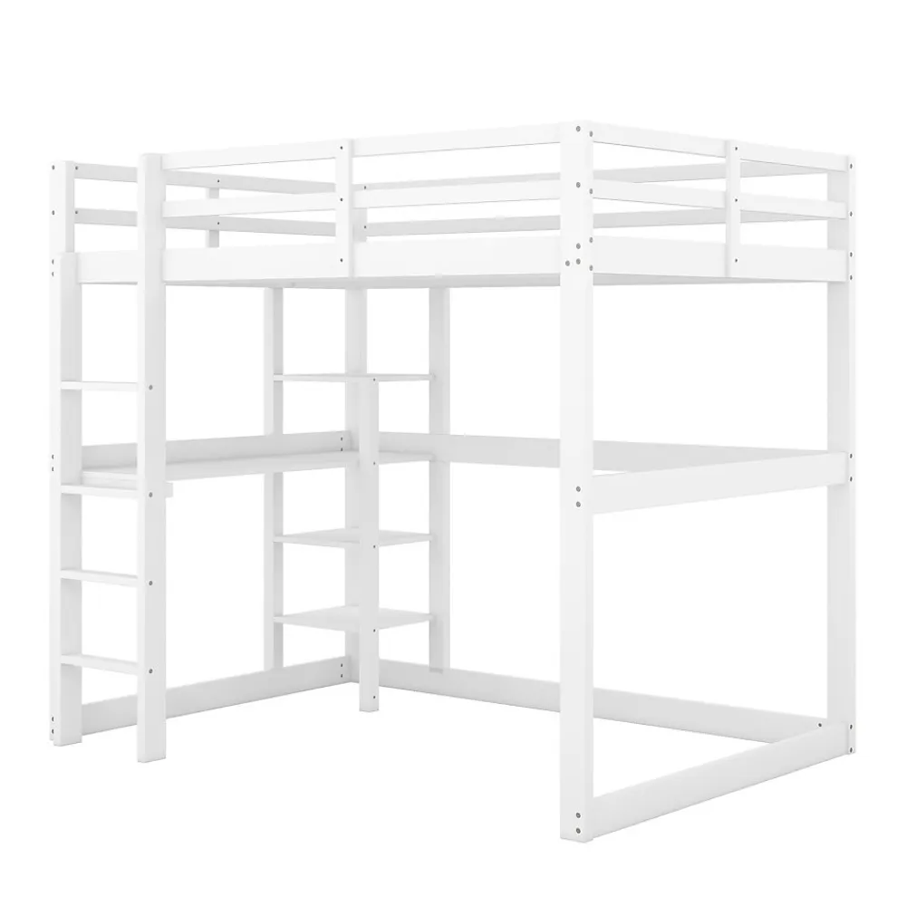 Lit mezzanine 140x200 cm enfant avec bureau et 4 compartiments de rangement, lit combiné bois naturel blanc sans matelas>Okwish Hot