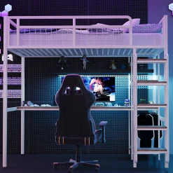 Okwish Lit mezzanine 90x200 cm enfant métal, bureau et étagères intégrés, échelle de sécurité, garde-corps métal, blanc - Sans matelas* Lit Mezzanine