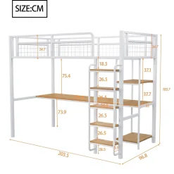 Okwish Lit mezzanine 90x200 cm enfant métal, bureau et étagères intégrés, échelle de sécurité, garde-corps métal, blanc - Sans matelas* Lit Mezzanine