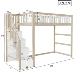 Lit mezzanine 90x200 cm enfant avec escalier intégré et sécurité, décor lune et étoiles, bois massif blanc et bois sans matelas><noscript><img width=