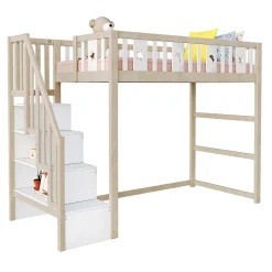 Lit mezzanine 90x200 cm enfant avec escalier intégré et sécurité, décor lune et étoiles, bois massif blanc et bois sans matelas><noscript><img width=