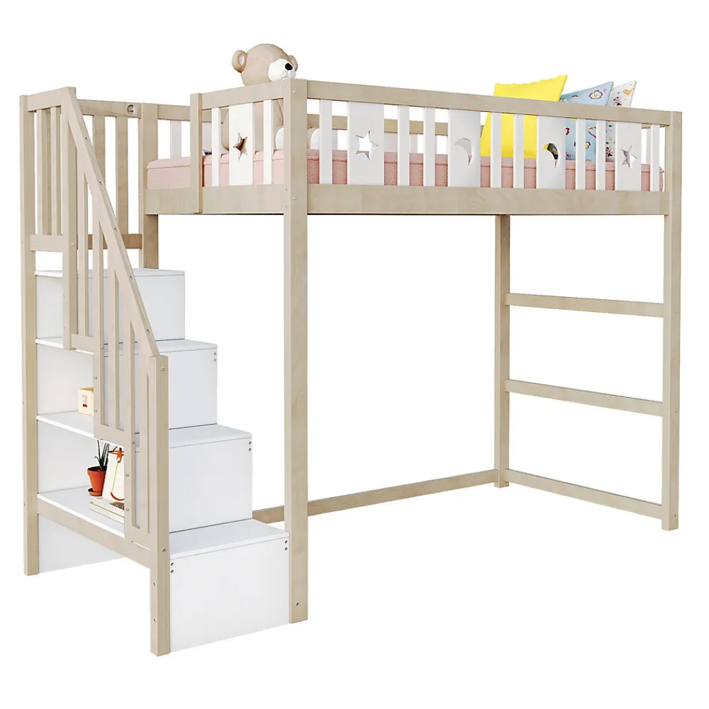 Lit mezzanine 90x200 cm enfant avec escalier intégré et sécurité, décor lune et étoiles, bois massif blanc et bois sans matelas>Okwish Clearance
