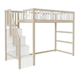 Lit mezzanine 90x200 cm enfant avec escalier intégré et sécurité, décor lune et étoiles, bois massif blanc et bois sans matelas><noscript><img width=