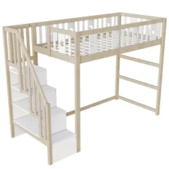 Lit mezzanine 90x200 cm enfant avec escalier intégré et sécurité, décor lune et étoiles, bois massif blanc et bois sans matelas><noscript><img width=