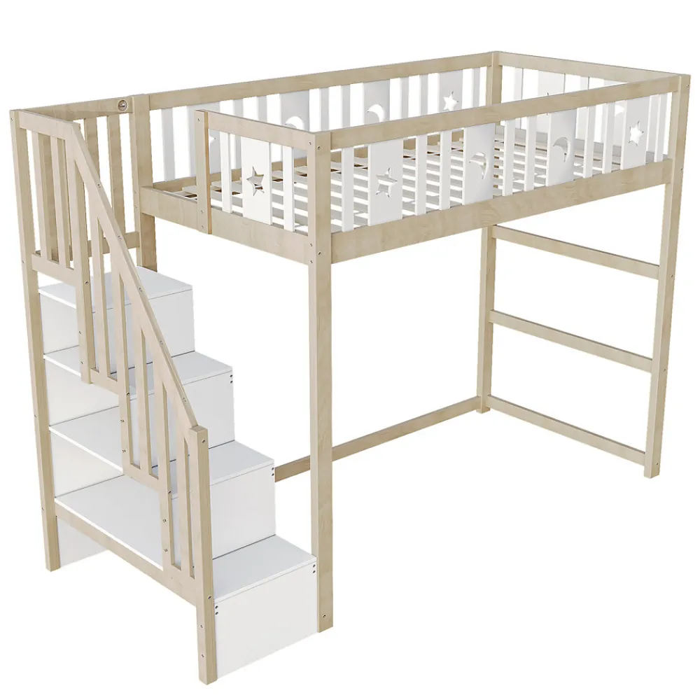 Lit mezzanine 90x200 cm enfant avec escalier intégré et sécurité, décor lune et étoiles, bois massif blanc et bois sans matelas>Okwish Clearance