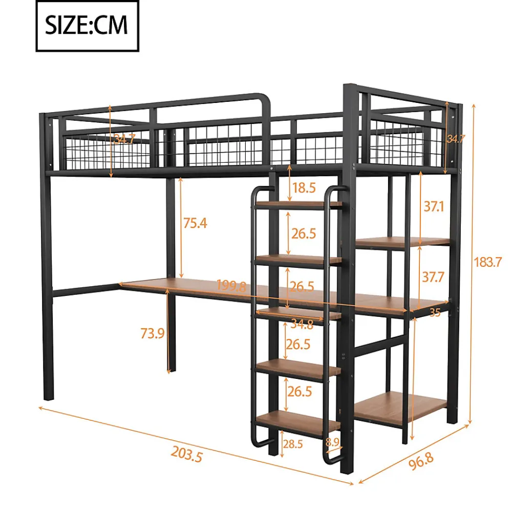Lit mezzanine 90x200 cm enfant métal, bureau et étagères intégrés, échelle de sécurité, garde-corps métal, noir - Sans matelas>Okwish Outlet