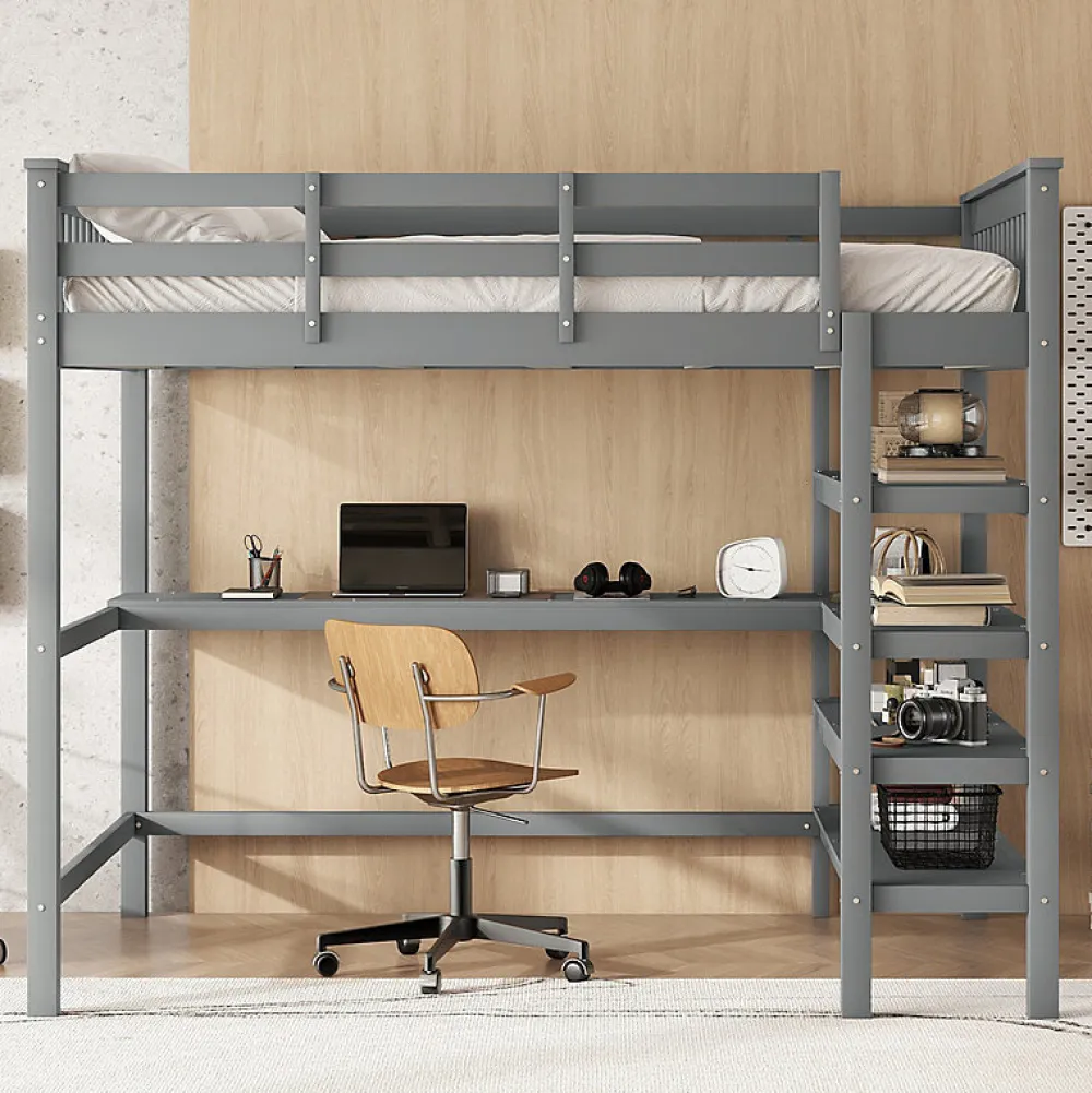 Lit mezzanine 140x200 cm gris sans matelas avec bureau integre et etageres pour chambre enfant>Aapaas Hot