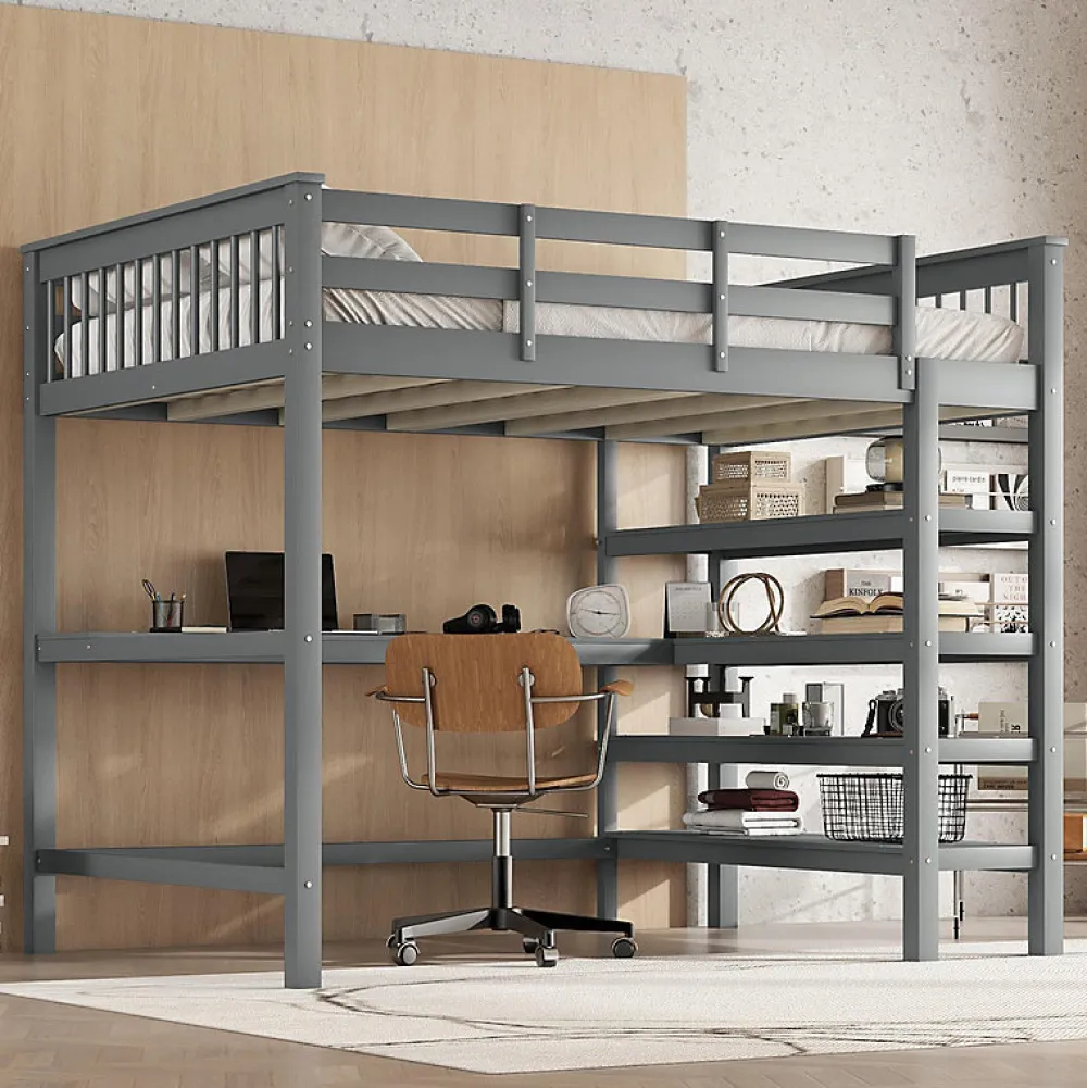 Lit mezzanine 140x200 cm gris sans matelas avec bureau integre et etageres pour chambre enfant>Aapaas Hot
