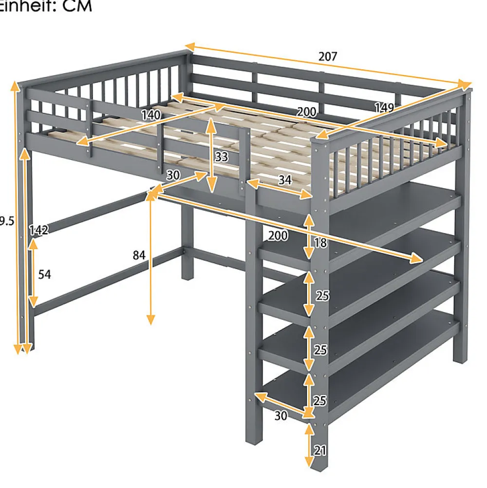 Lit mezzanine 140x200 cm gris sans matelas avec bureau integre et etageres pour chambre enfant>Aapaas Hot
