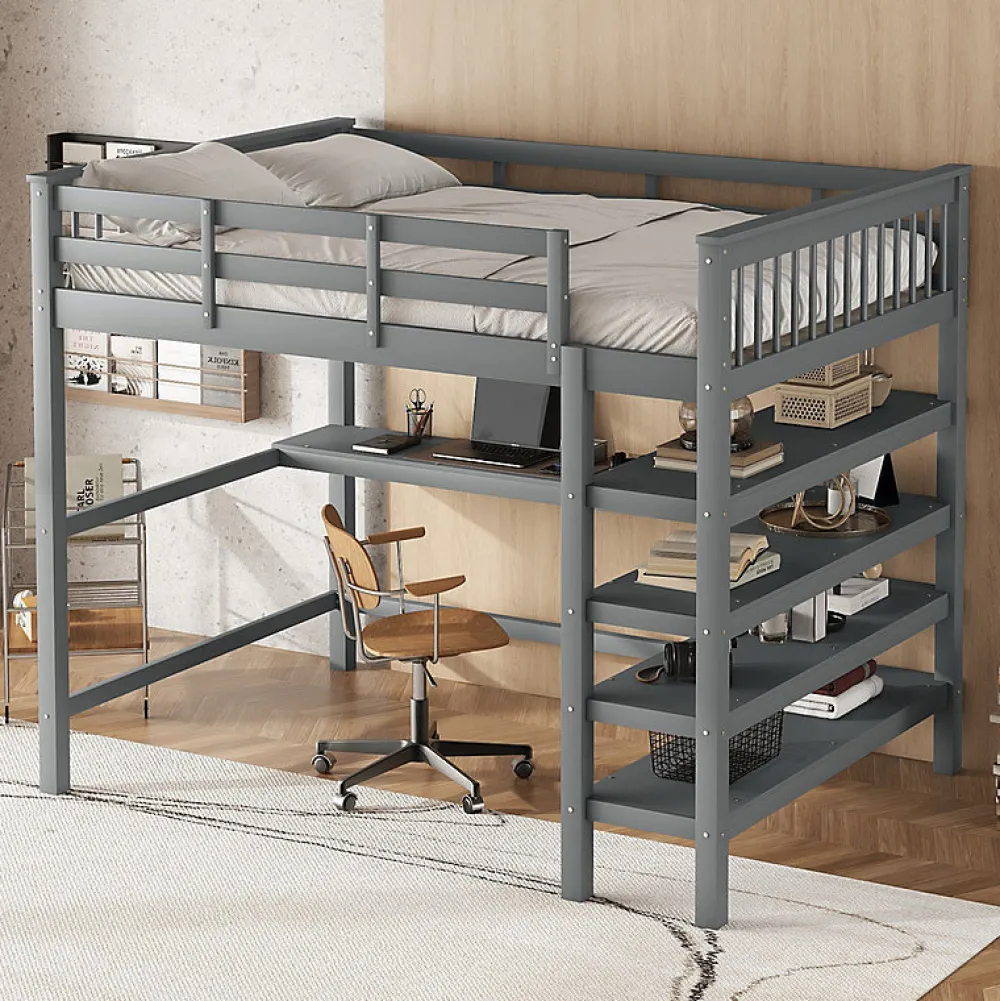 Lit mezzanine 140x200 cm gris sans matelas avec bureau integre et etageres pour chambre enfant>Aapaas Hot