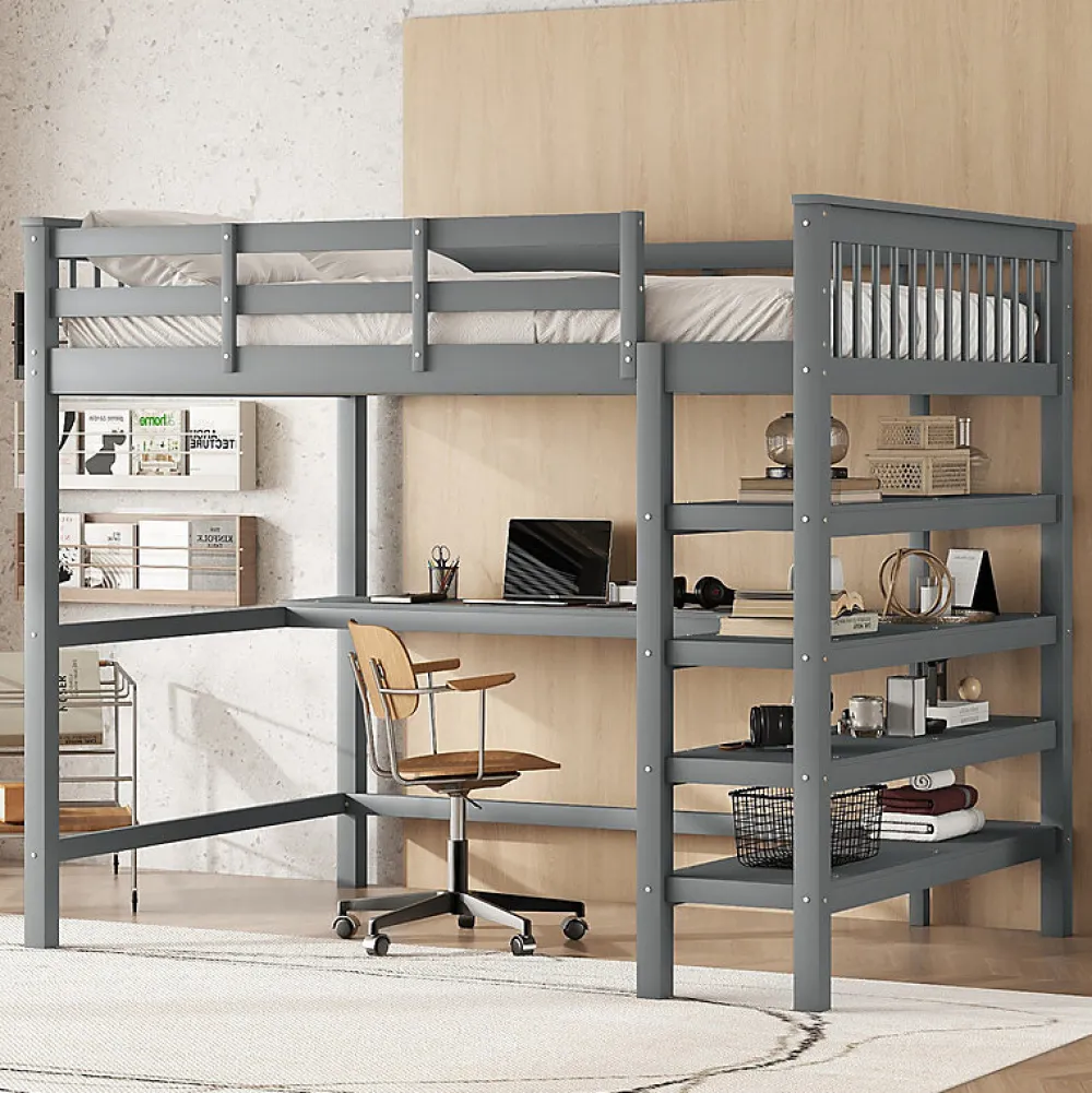 Lit mezzanine 140x200 cm gris sans matelas avec bureau integre et etageres pour chambre enfant>Aapaas Hot