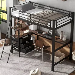 Okwish Lit Mezzanine 90x200 cm, Lit Ado en Métal avec Grand Bureau 2 m et 3 Tiroirs de Rangement, Style Industriel - Noir + Noyer Foncé* Lit Mezzanine
